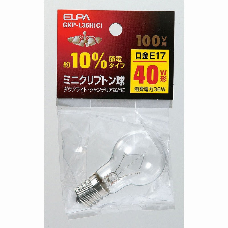 朝日電器（ELPA）　ミニクリプトン球 約10％節約タイプ 100V用 40W E17　クリア 　【品番：GKP-L36H（C）】