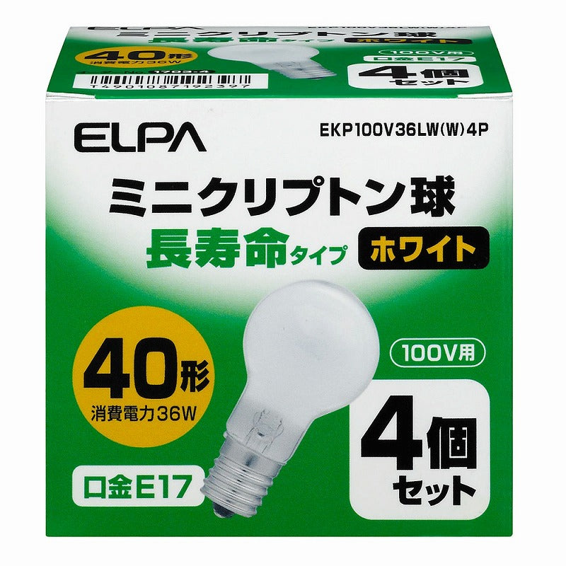 朝日電器（ELPA）　ミニクリプトン球 長寿命タイプ 40W形 100V E17 4個入　ホワイト　【品番：EKP100V36LW（W）4P】