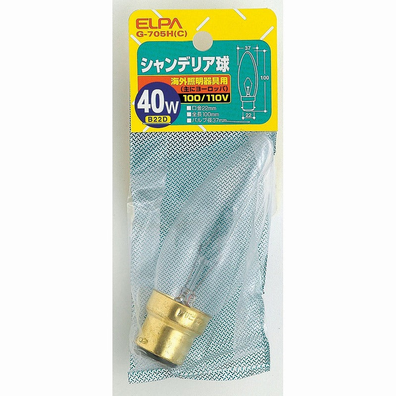 朝日電器（ELPA）　シャンデリア球 40W B22D　クリア　【品番：G-705H（C）】