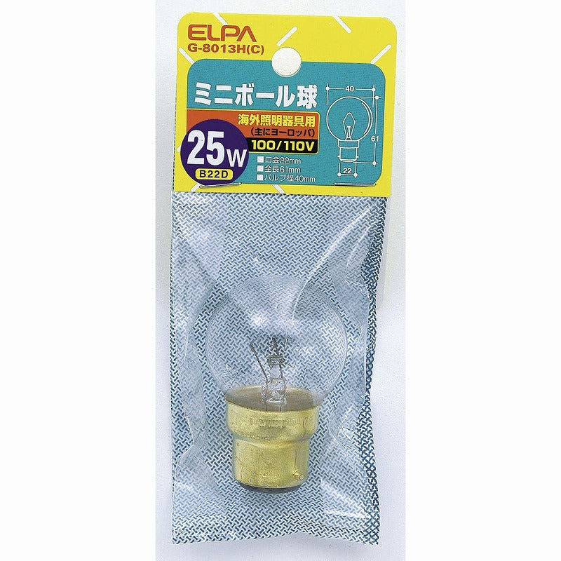 朝日電器（ELPA）　ミニボール球 25W B22D　クリア 　【品番：G-8013H（C）】