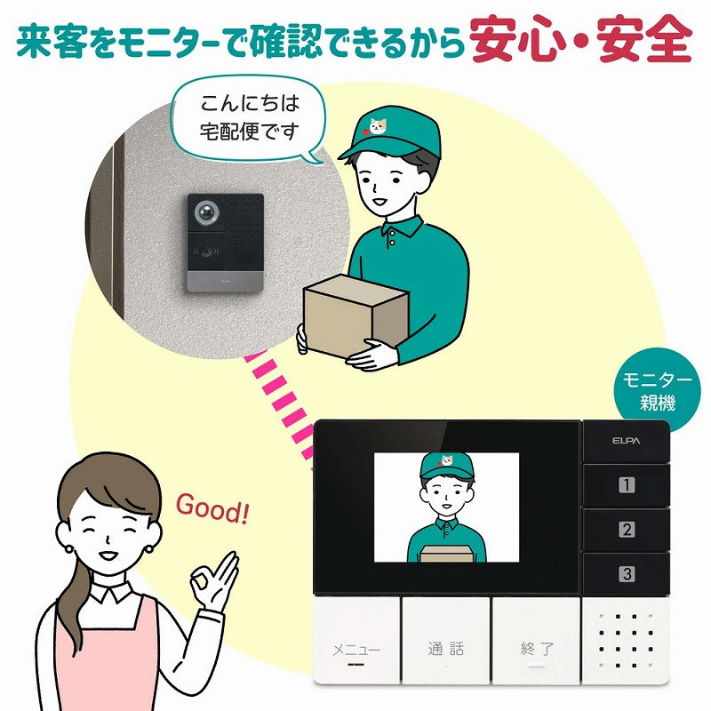 朝日電器（ELPA）　DECT ワイヤレステレビドアホン 玄関カメラ子機＋モニター親機セット　【品番：DHS-SM2030】●