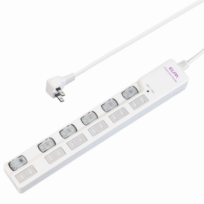 朝日電器（ELPA）　耐雷サージ LEDランプ スイッチ付タップ（上差し） 6個口 3m　ホワイト　【品番：WLS-LU630MB（W）】