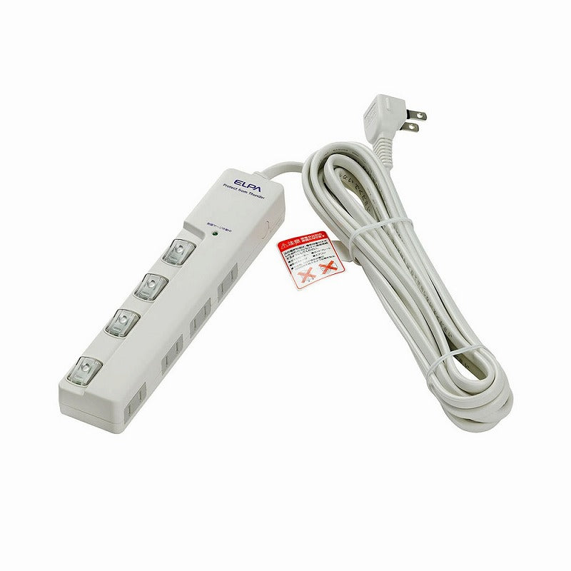 朝日電器（ELPA）　耐雷サージ LEDランプ スイッチ付タップ（横差し） 4個口 5m　ホワイト　【品番：WLS-LY450MB（W）】