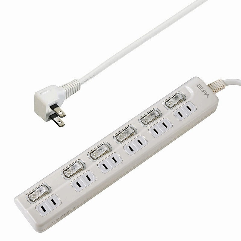 朝日電器（ELPA）　LEDランプ スイッチ付タップ（上挿し） 6個口 1m　ホワイト　【品番：WLS-LU61EB（W）】