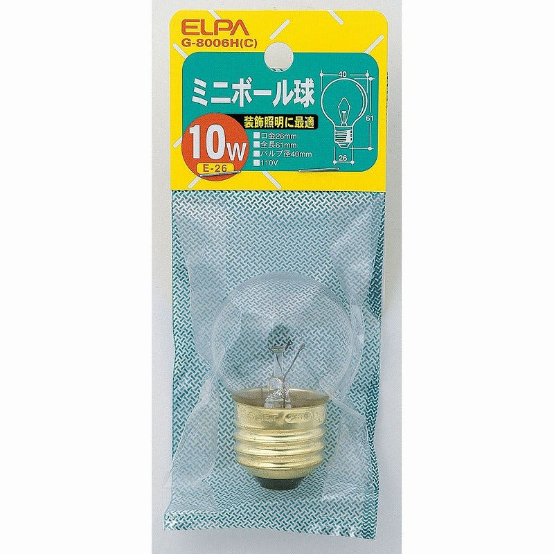 朝日電器（ELPA）　ミニボール球 10W E26　クリア　【品番：G-8006H（C）】