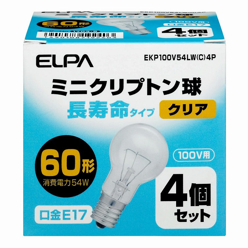 【在庫処分】朝日電器（ELPA）　ミニクリプトン球 長寿命タイプ 60W形 100V E17 4個入　クリア　【品番：EKP100V54LW（C）4P】
