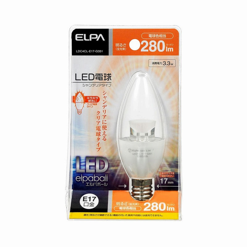 朝日電器（ELPA）　シャンデリアタイプLED電球 E17　電球色　【品番：LDC4CL-E17-G351】
