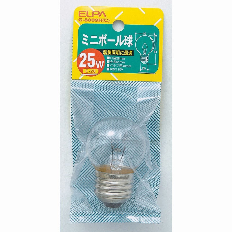 朝日電器（ELPA）　ミニボール球 25W E26　クリア　【品番：G-8009H（C）】