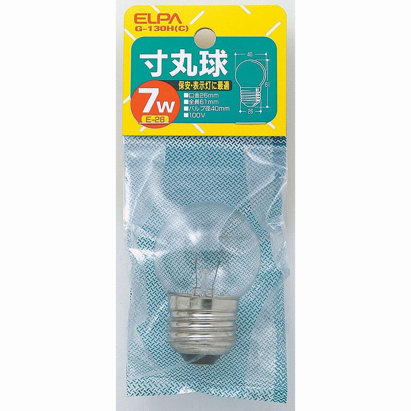 朝日電器（ELPA）　寸丸球 7W E26　クリア　【品番：G-130H（C）】◯