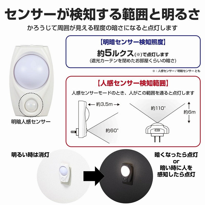 朝日電器（ELPA）　LEDセンサー付ライト コンセント差込タイプ　ホワイト　【品番：PM-L200（W）】