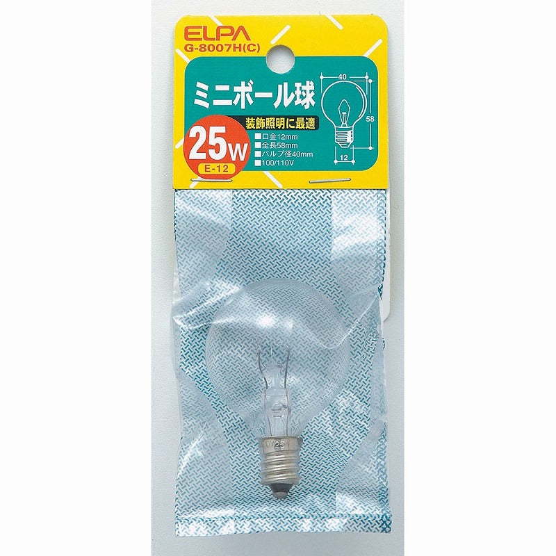 朝日電器（ELPA）　ミニボール球 25W E12　クリア　【品番：G-8007H（C）】
