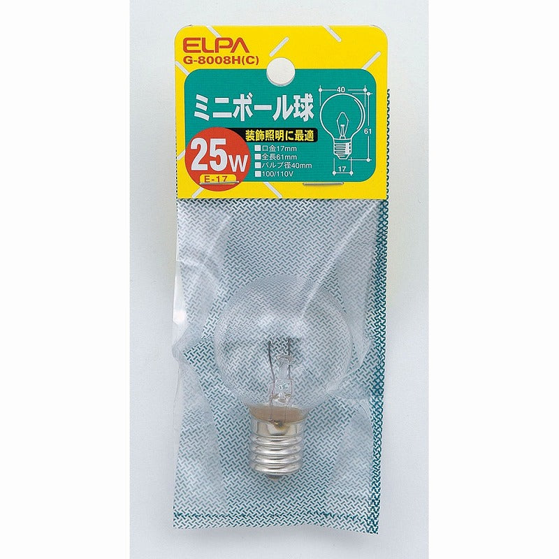 朝日電器（ELPA）　ミニボール球 25W E17　クリア　【品番：G-8008H（C）】