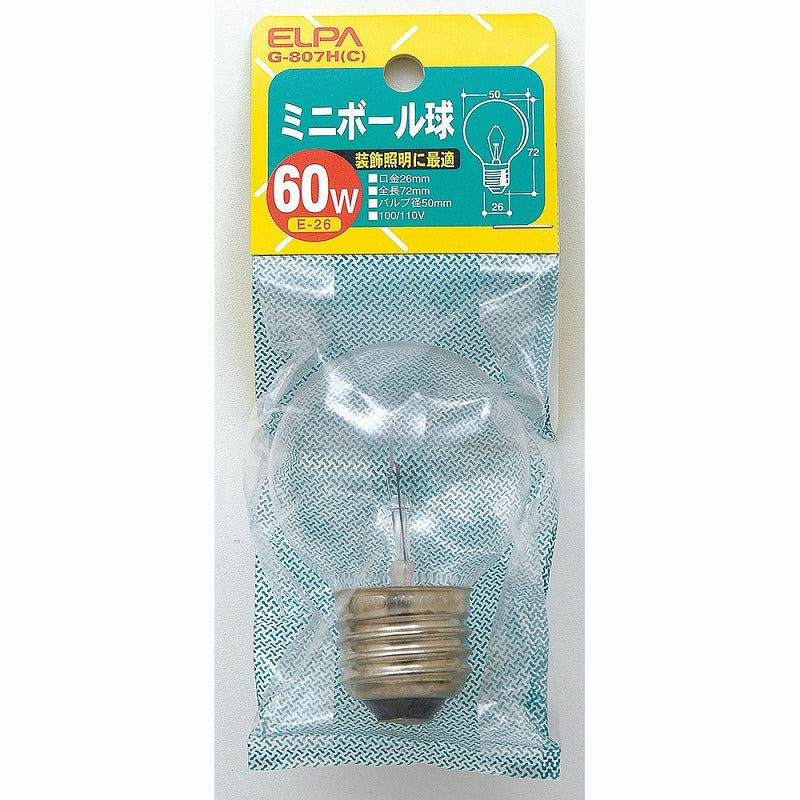 朝日電器（ELPA）　ミニボール球 60W E26　クリア　【品番：G-807H（C）】