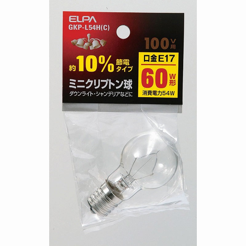 朝日電器（ELPA）　ミニクリプトン球 約10％節約タイプ 100V用 60W E17　クリア　【品番：GKP-L54H（C）】