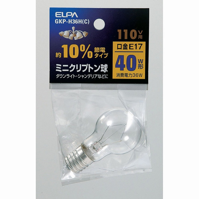 朝日電器（ELPA）　ミニクリプトン球 約10％節約タイプ 110V用 40W E17　クリア　【品番：GKP-H36H（C）】