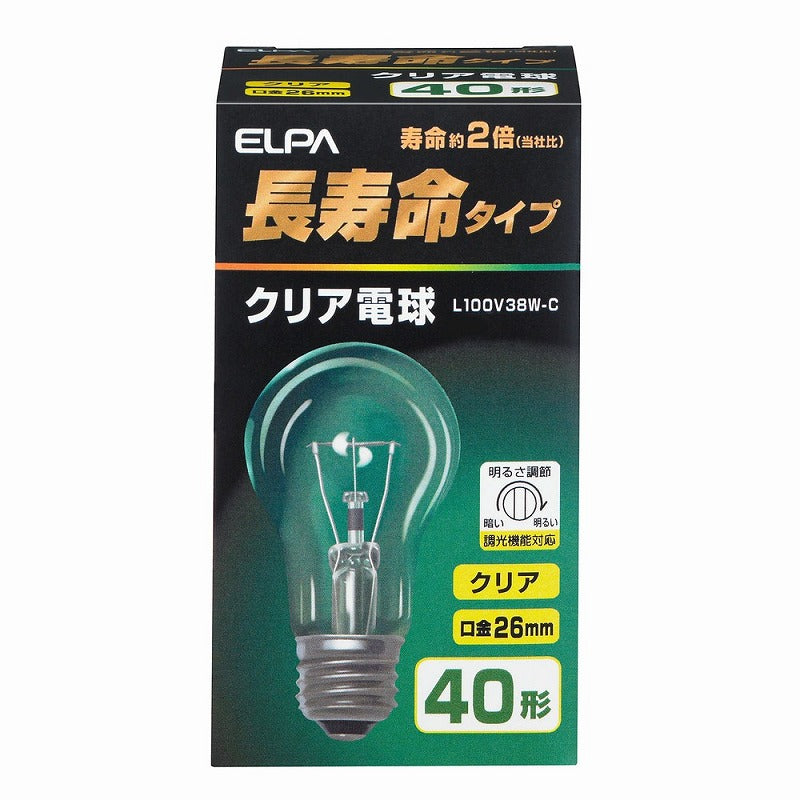 朝日電器（ELPA）　クリア電球 長寿命タイプ 40形 E26　クリア　【品番：L100V38W-C】