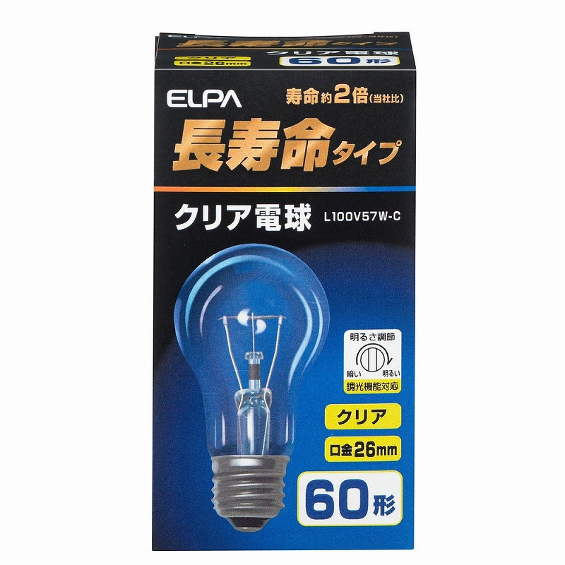 朝日電器（ELPA）　クリア電球 長寿命タイプ 60形 E26　クリア　【品番：L100V57W-C】