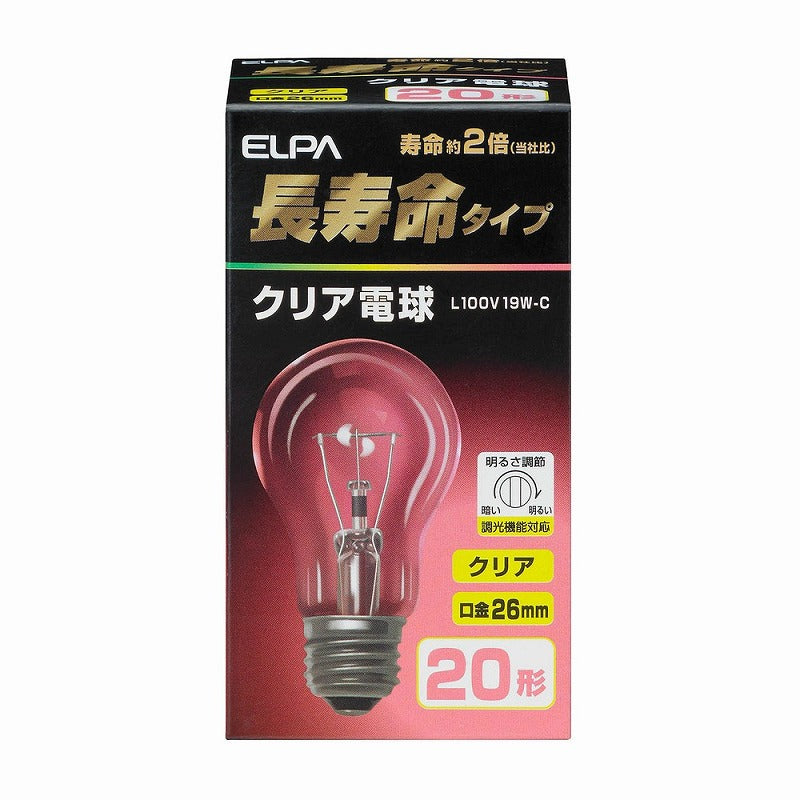 朝日電器（ELPA）　クリア電球 長寿命タイプ 20形 E26　クリア　【品番：L100V19W-C】