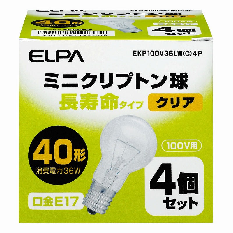 朝日電器（ELPA）　ミニクリプトン球 長寿命タイプ 40W形 E17 4個入　クリア　【品番：EKP100V36LW（C）4P】