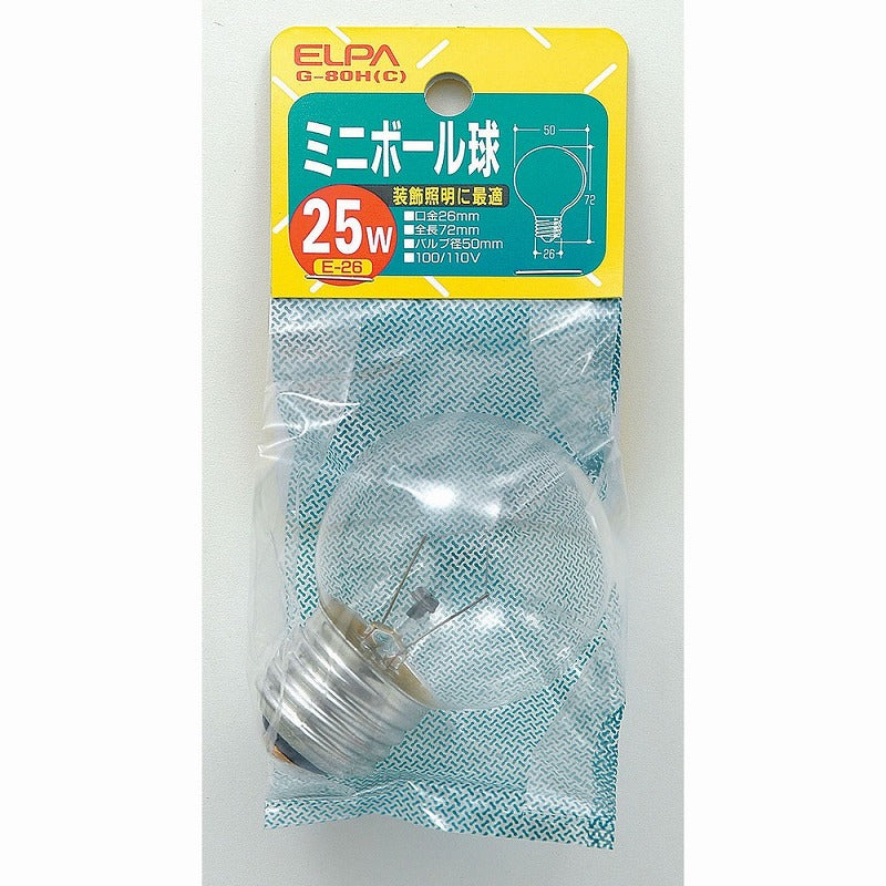 朝日電器（ELPA）　ミニボール球 25W E26　クリア　【品番：G-80H（C）】