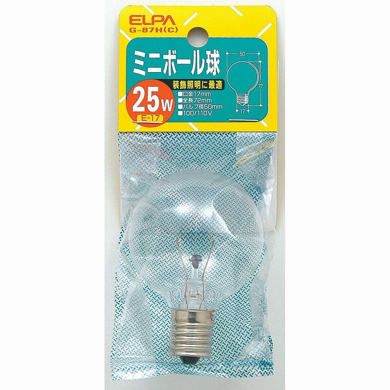朝日電器（ELPA）　ミニボール球 25W E17　クリア　【品番：G-87H（C）】