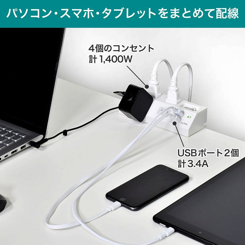 朝日電器（ELPA）　集中スイッチ付デスクUSBタップ 4個口 2ポート 2m　ホワイト　【品番：WLS-DS4232SUA（W）】