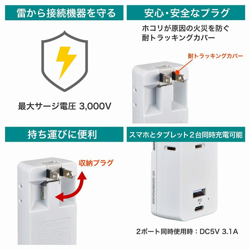 朝日電器（ELPA）　USBタップ PD20W　ホワイト　【品番：UC-322SB（W）】