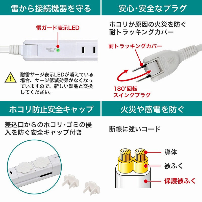 朝日電器（ELPA）　耐雷スリム回転USBタップ 4個口 2m　ホワイト　【品番：WBS-SL402USB（W）】