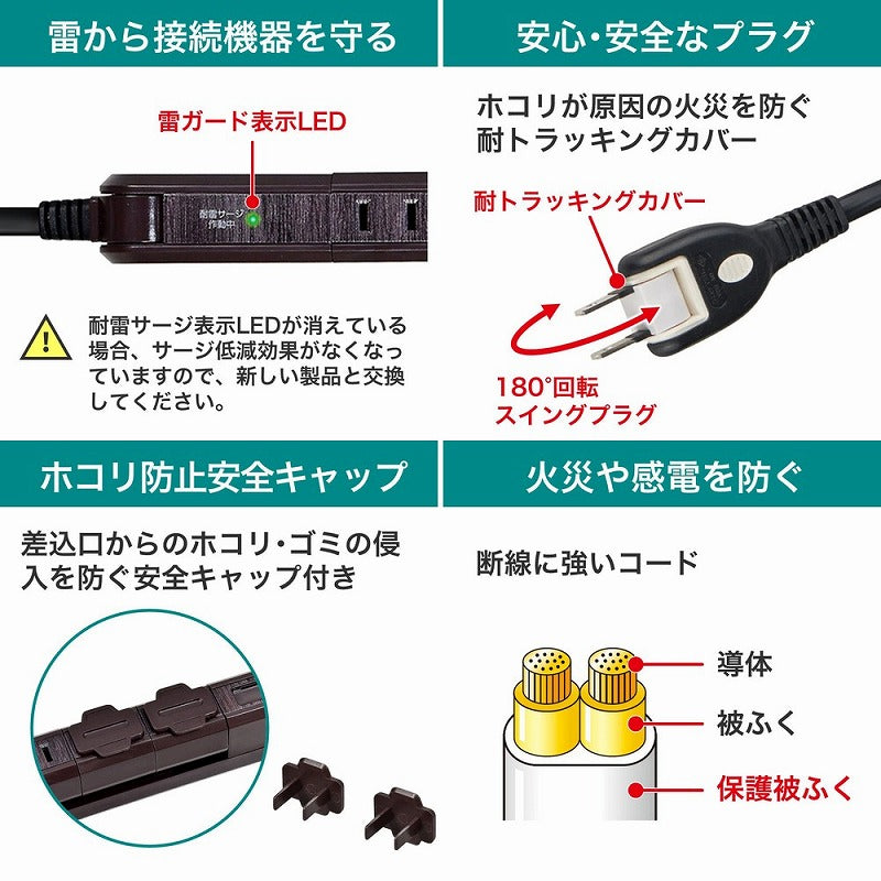 朝日電器（ELPA）　耐雷スリム回転USBタップ 4個口 2m　木目　【品番：WBS-SL402USB（WD）】