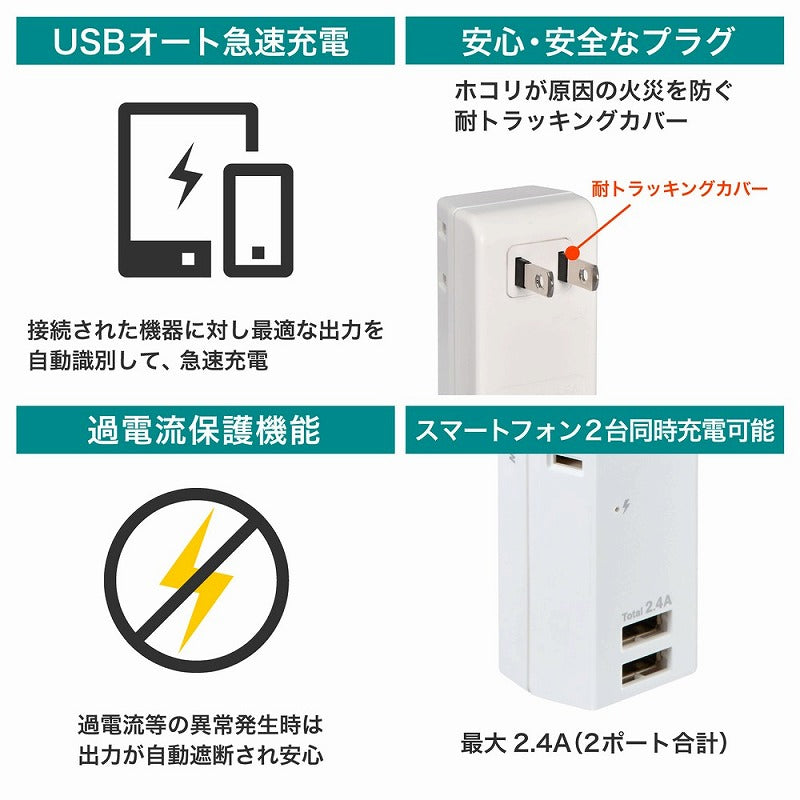朝日電器（ELPA）　耐電USBタップ 2個口 2ポート　【品番：UA-222SL】