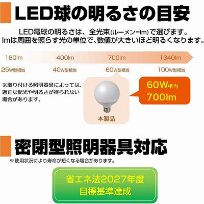 朝日電器（ELPA）　G95ボール電球形LED電球 60W形 E26　電球色　【品番：LDG7L-G-G2104】
