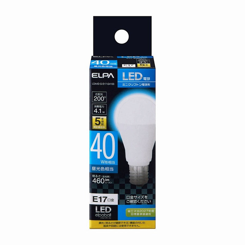 【在庫処分】朝日電器（ELPA）　ミニクリプトン電球形LED電球 40W形  E17　昼光色　【品番：LDA4D-G-E17-G4103】○