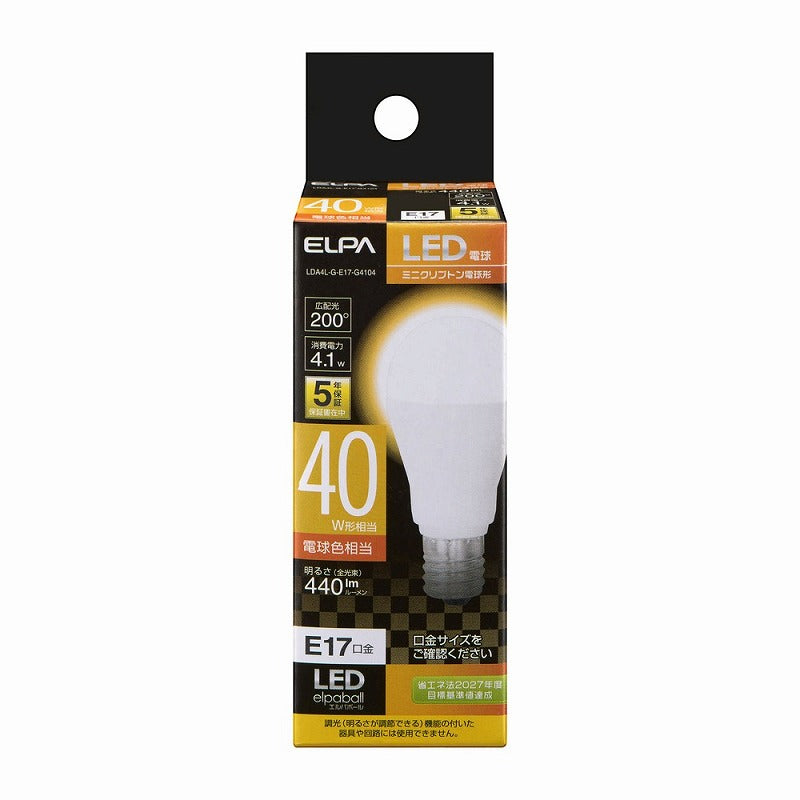 朝日電器（ELPA）　ミニクリプトン電球形LED電球 40W形  E17　電球色　【品番：LDA4L-G-E17-G4104】