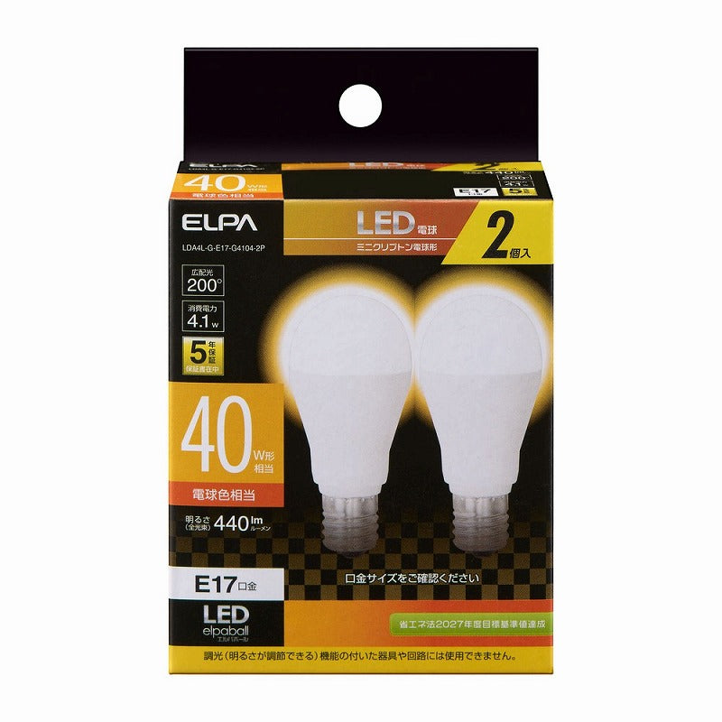 朝日電器（ELPA）　ミニクリプトン電球形LED電球 40W形 E17 2個入　電球色　【品番：LDA4L-G-E17-G4104-2P】