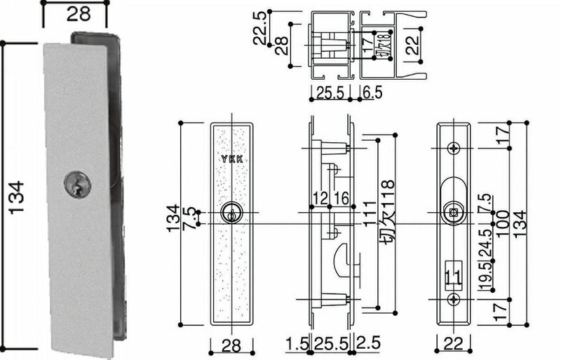 YKK AP　召合せ 内外締り錠 外部シリンダー錠　ダークグレイ　【品番：DG HHK19584】