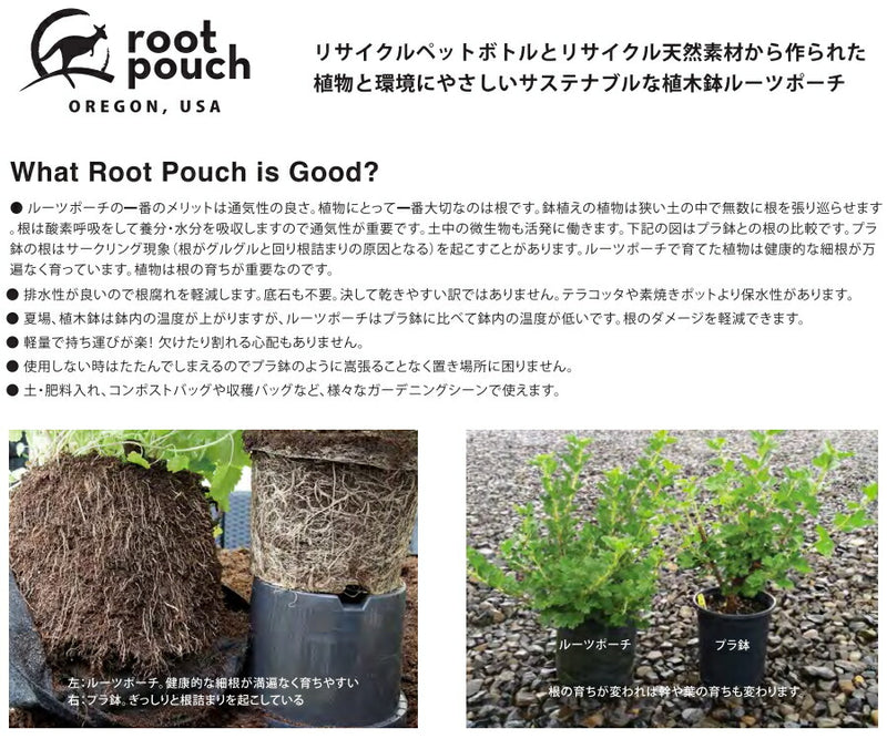 root pouch（ルーツポーチ）　リサイクルペットボトルとリサイクル天然素材から作られた不織布製の植木鉢　Black with handles　3.8liter
