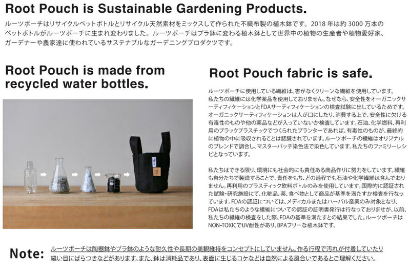 root pouch（ルーツポーチ）　リサイクルペットボトルとリサイクル天然素材から作られた不織布製の植木鉢　Black with handles　3.8liter