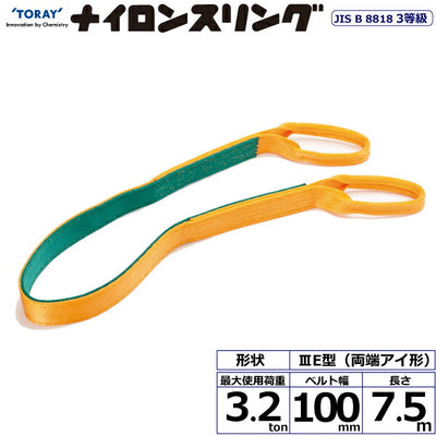 東レインターナショナル　ナイロンスリング N3E 両端アイ形 3.2ton 幅100mm 長さ7.5m　【品番：N3E 100×7.5】