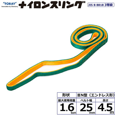 東レインターナショナル　ナイロンスリング N3N エンドレス形 1.6ton 幅25mm 長さ4.5m　【品番：N3N 25×4.5】