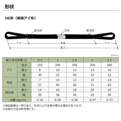 東レインターナショナル　シライマルチスリング HE  両端アイ形 ブラックタイプ 1.6ton 幅40mm 長さ2m　【品番：HE W016×2.0m BK】