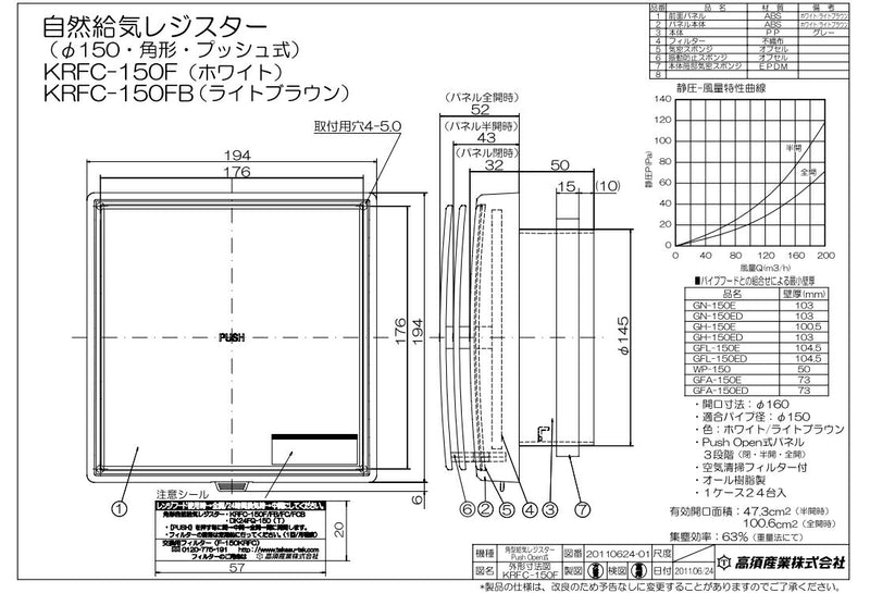 高須産業　ダクトレス24時間換気システム φ150 自然給気レジスター（プッシュオープン式・スタンダードタイプ）　ホワイト　【品番：KRFC-150F】