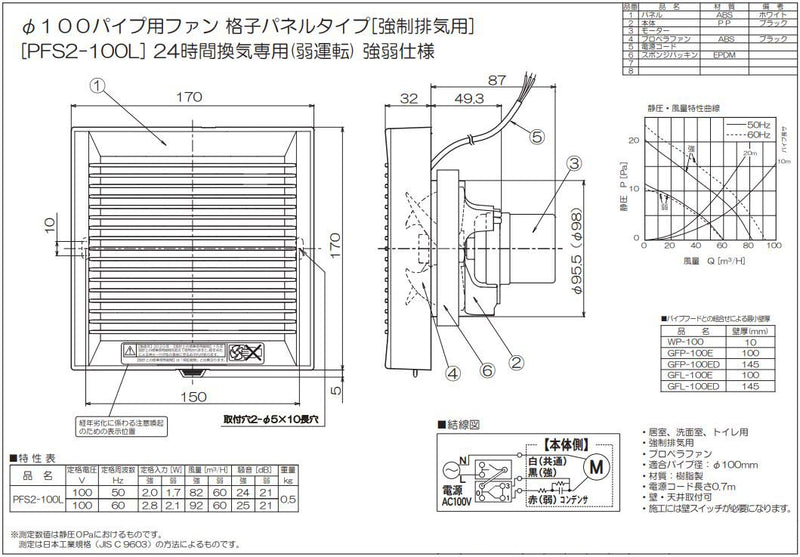 高須産業　ダクトレス24時間換気システム　φ100 パイプ用ファン（風量強弱格子パネルタイプ）　【品番：PFS2-100L】