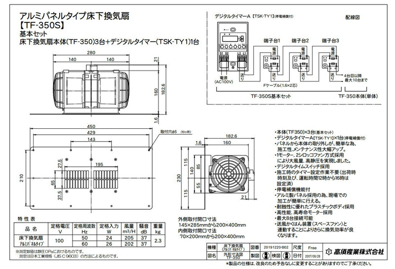 高須産業　天井裏・床下換気扇（アルミパネルタイプ） 基本セット　【品番：TF-350S】