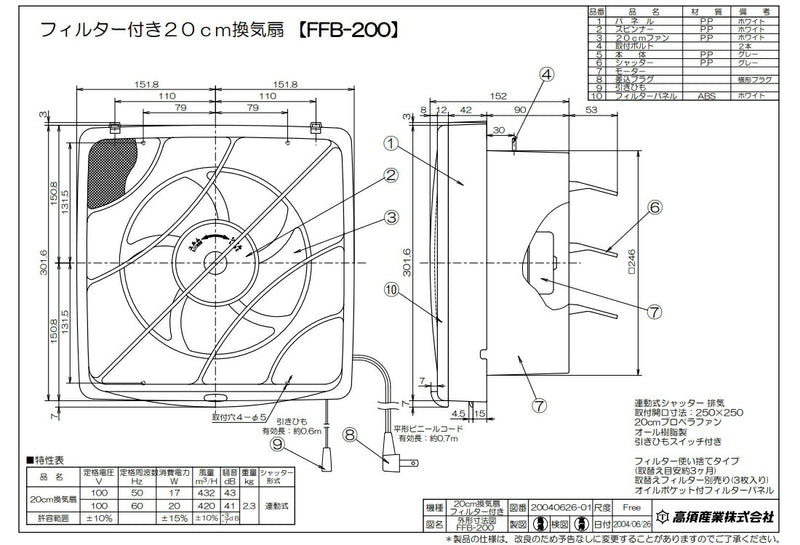 高須産業　台所・一般換気扇（羽根径20cm） フィルター付き 連動式シャッター 排気　【品番：FFB-200】