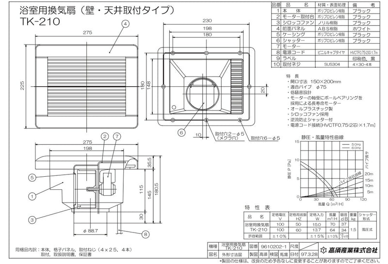 高須産業　浴室用換気扇（シロッコファン 排気）　【品番：TK-210】●