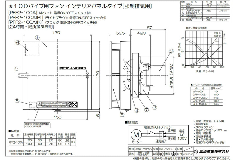 高須産業　24時間換気／局所換気兼用　φ100パイプ用ファン 強制排気用 インテリアパネルタイプ　ホワイト　【品番：PFF2-100A】●