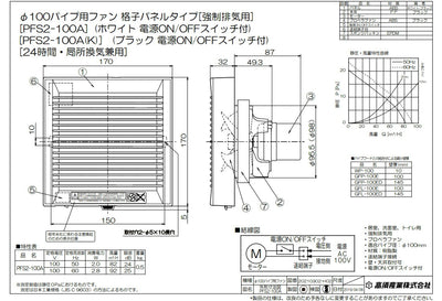 高須産業　24時間換気／局所換気兼用　φ100パイプ用ファン 強制排気用 スタンダードタイプ　ブラック　【品番：PFS2-100A（K）】●