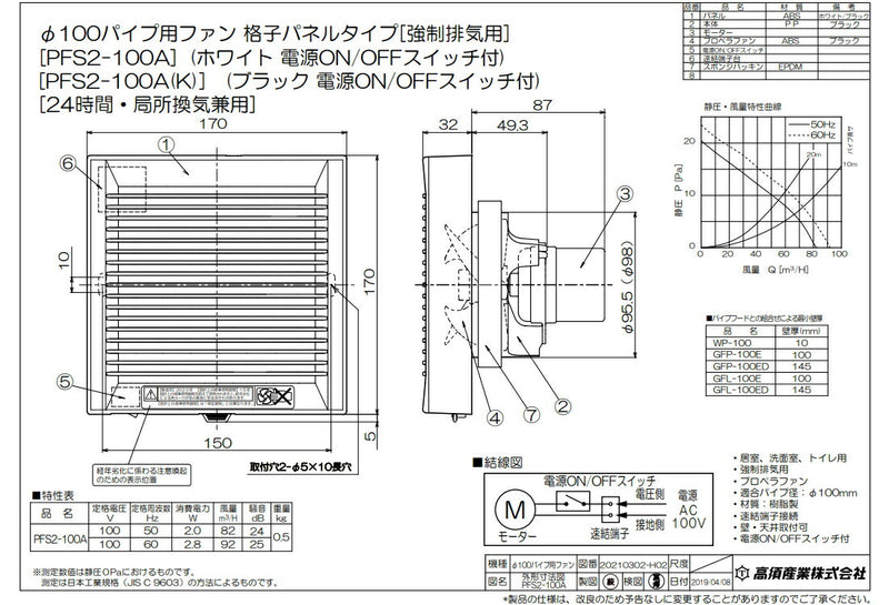 高須産業　24時間換気／局所換気兼用　φ100パイプ用ファン 強制排気用 スタンダードタイプ　ブラック　【品番：PFS2-100A（K）】●