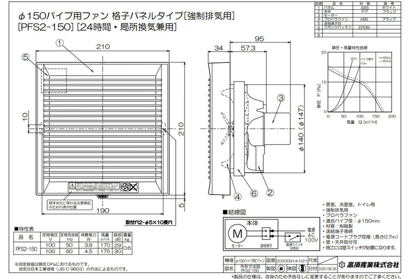 高須産業　24時間換気／局所換気兼用　φ150パイプ用ファン 強制排気用 スタンダードタイプ　【品番：PFS2-150】