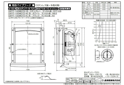 高須産業　角形パイプフード（防火ダンパー付・ステングレー）　【品番：GFPT-100MD72】